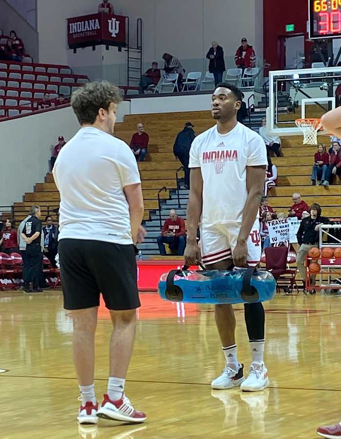 Indiana junior forward Jordan Geronimo goes through pregame warmups prior to the Hoosiers' 4 p.m. ET tipoff against No. 1 Purdue on Saturday at Simon Skjodt Assembly Hall in Bloomington, Ind.